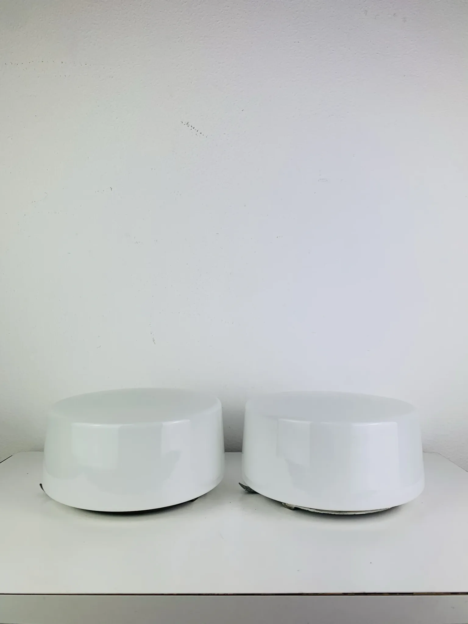 Pair of round opaline wall lights from the 50s/60s, ceiling lights.