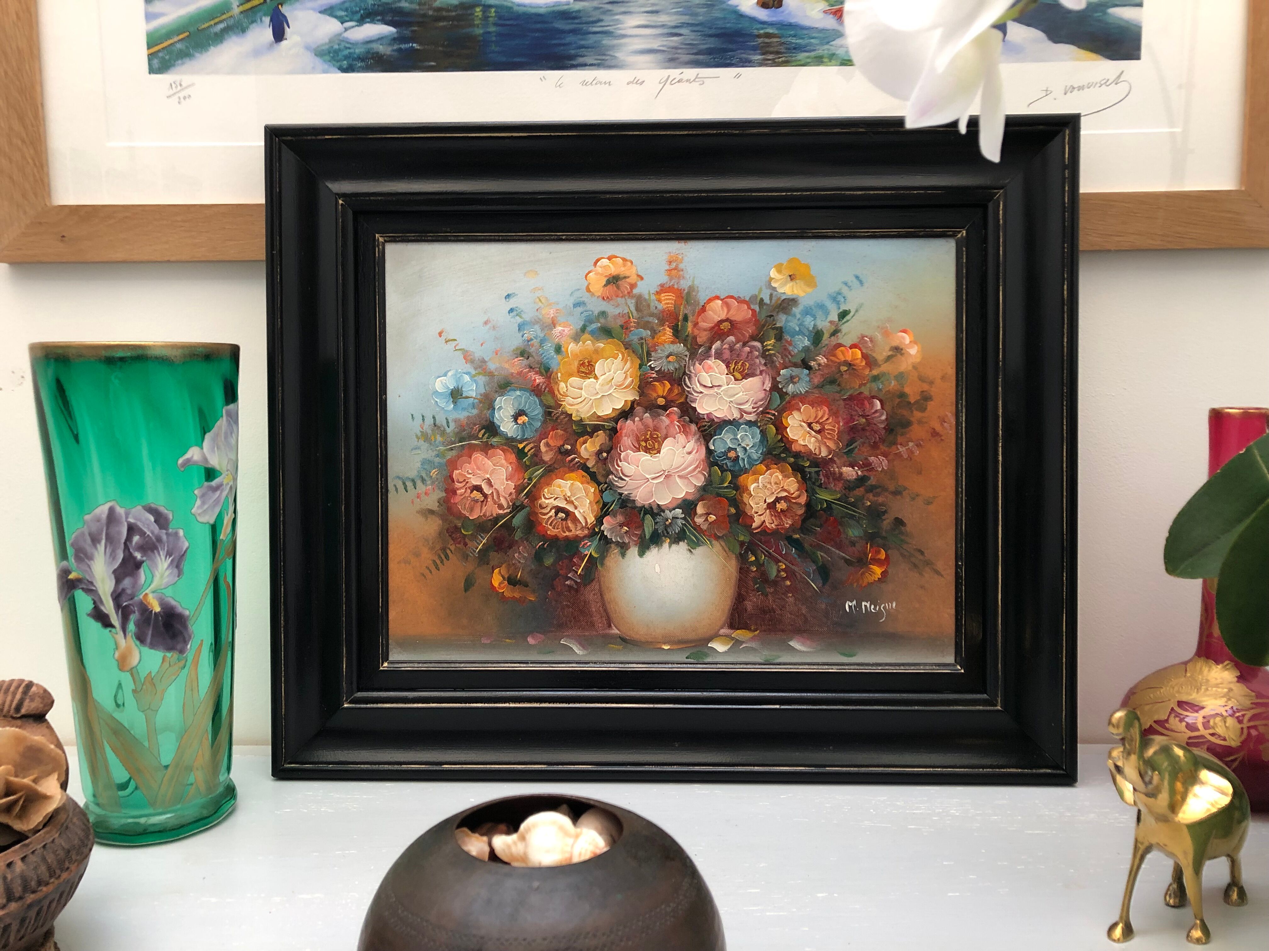 Tableau, peinture à l'huile, nature morte, bouquet de fleurs, signé "M.Meigne"