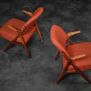 Vintage scandinavian modern oak & crimson fabric nya flugan armchairs from bröderna anderssons