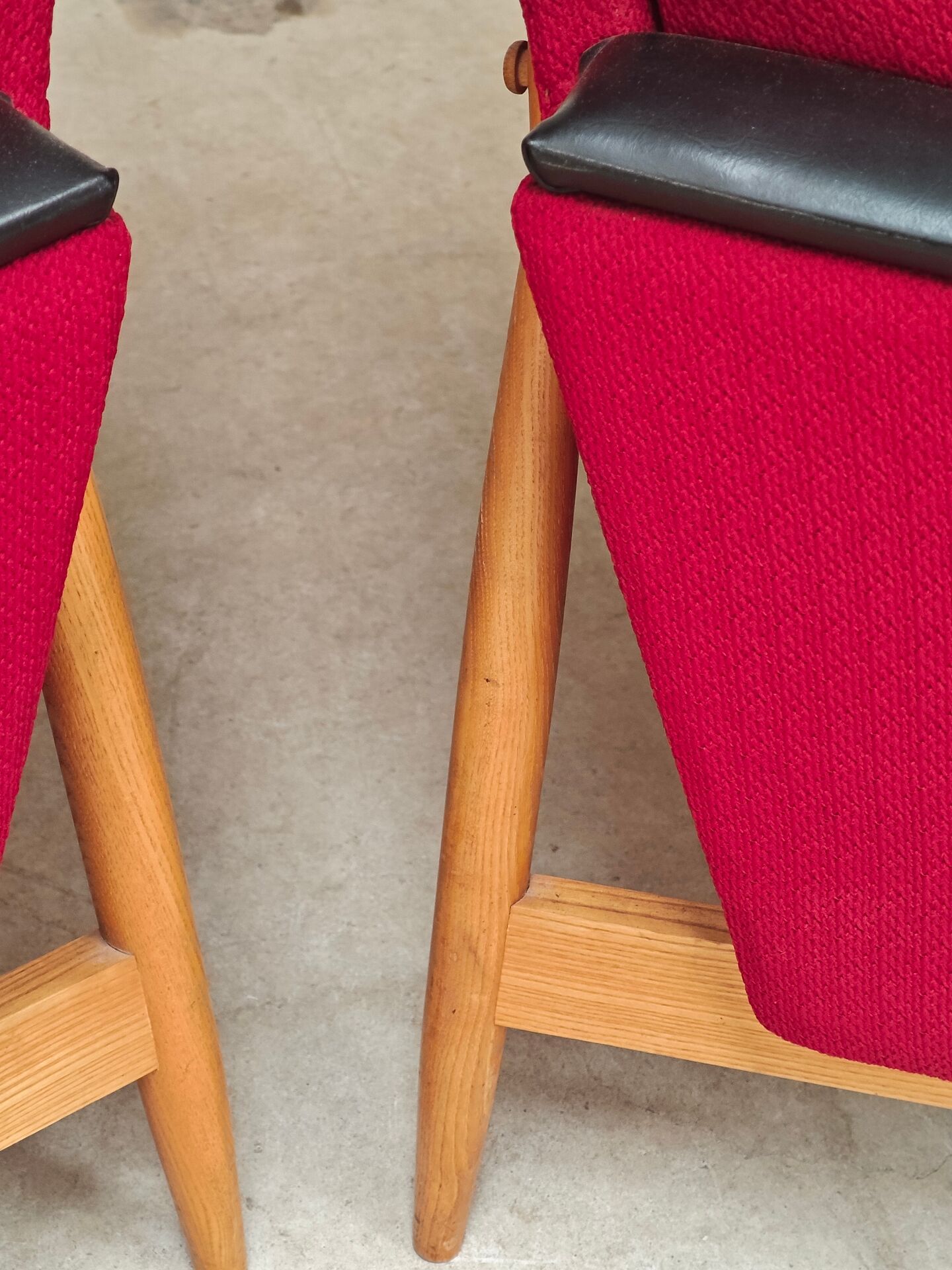 Pair of Drevotex Zamberk armchairs, red fabric and faux leather 1970