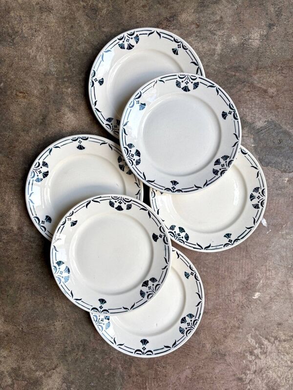 6 assiettes à dessert Badonviller en faïence bleue, service ''Dinan