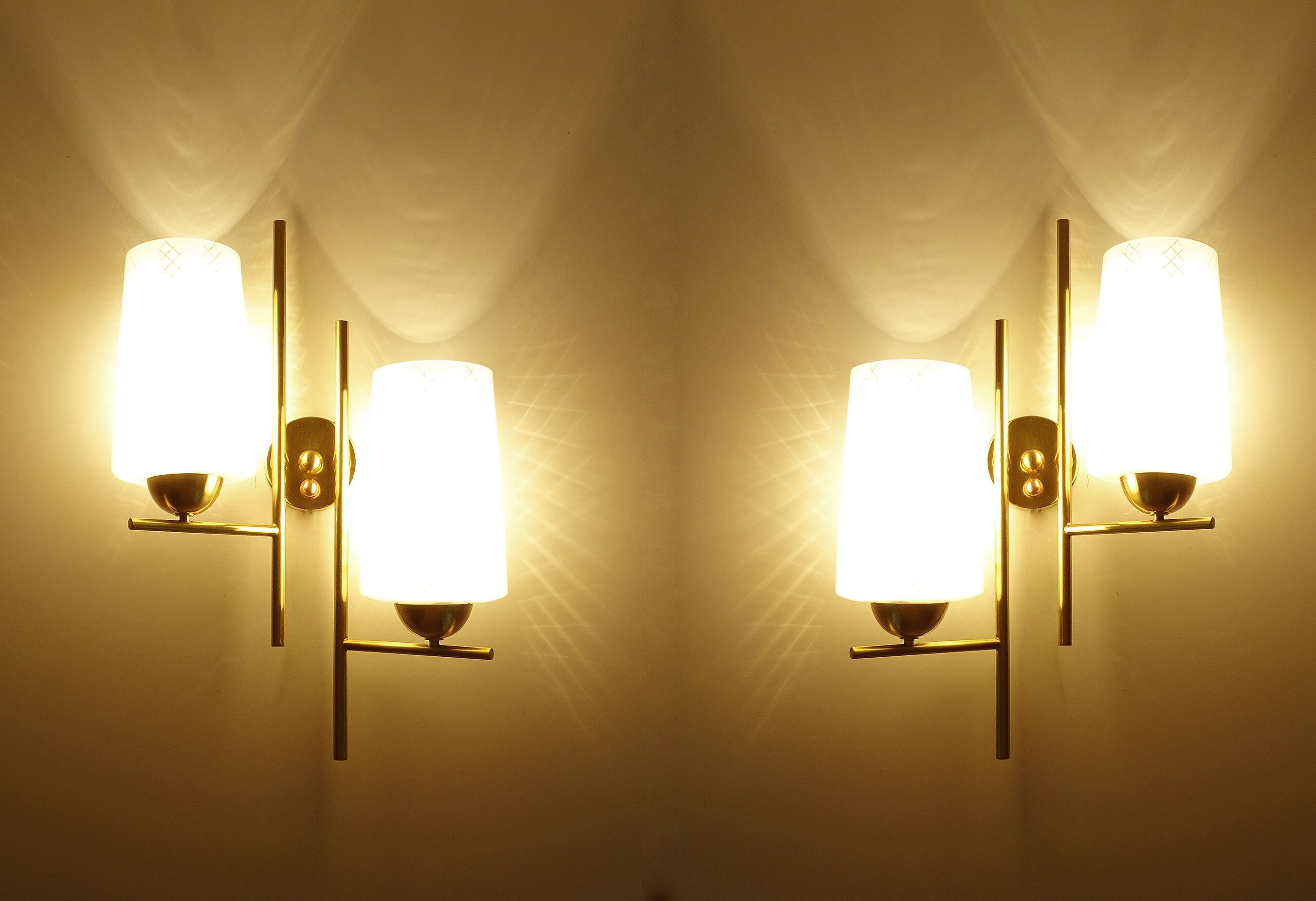 Pair vintage wall lamps 60 glass brass