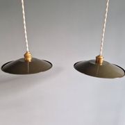 Pair of industrial pendant lights in olive green enameled sheet metal