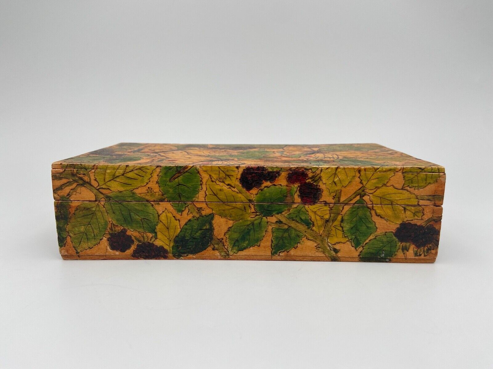 Grave box 1900 pyrogravure with butterfly decoration bunch of grapes