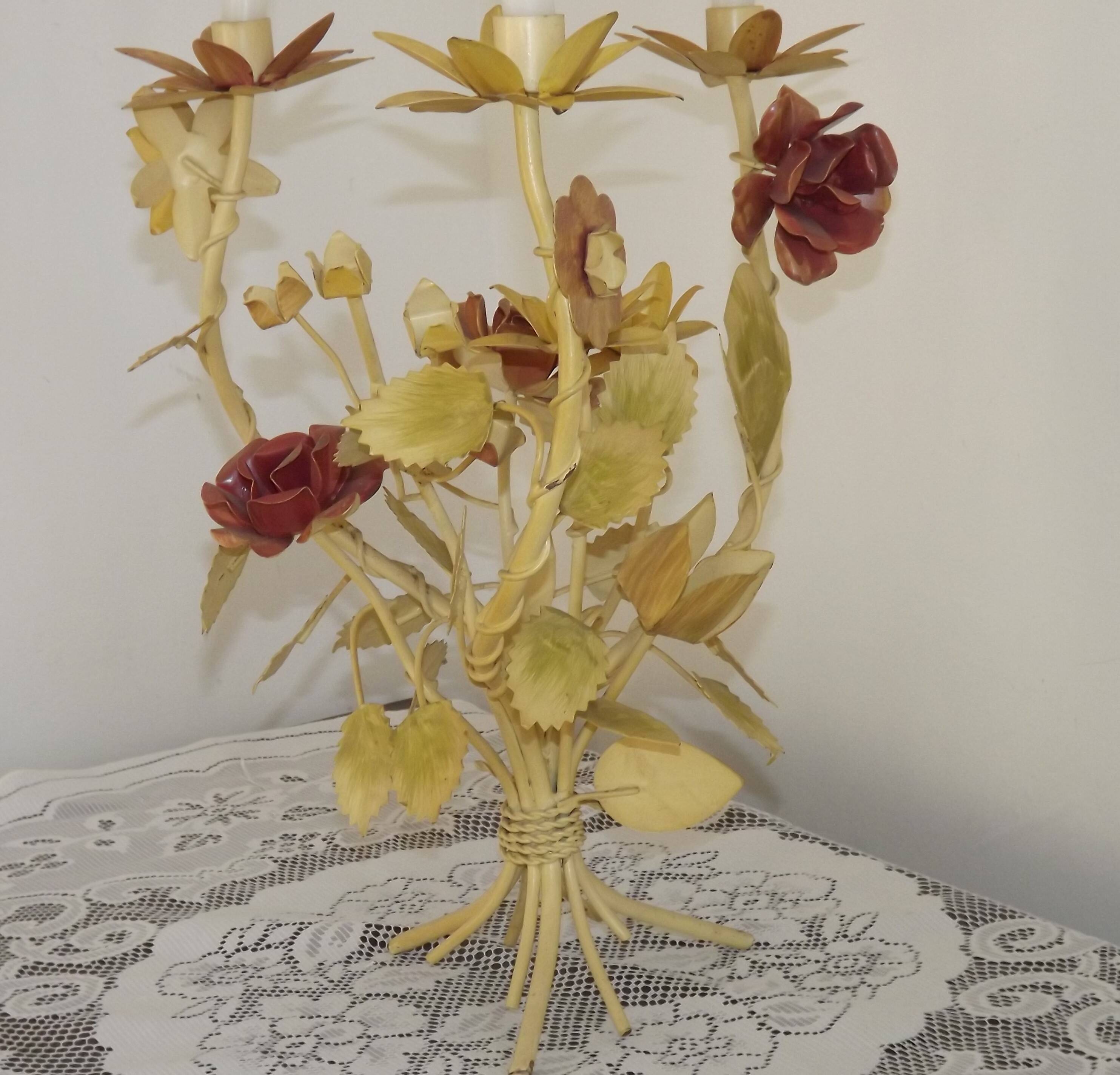 Large Vintage French FloralThree Arm Candelabra – Tied Bouquet Style