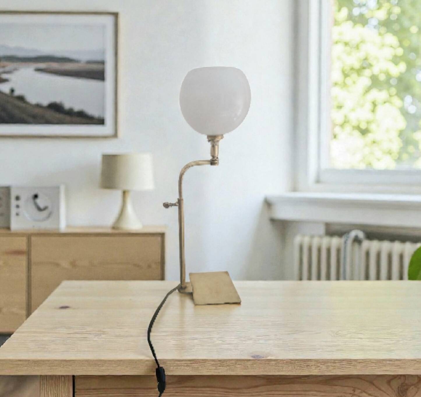 Antique brass and opaline glass lamp – Modernist piece, 1940s