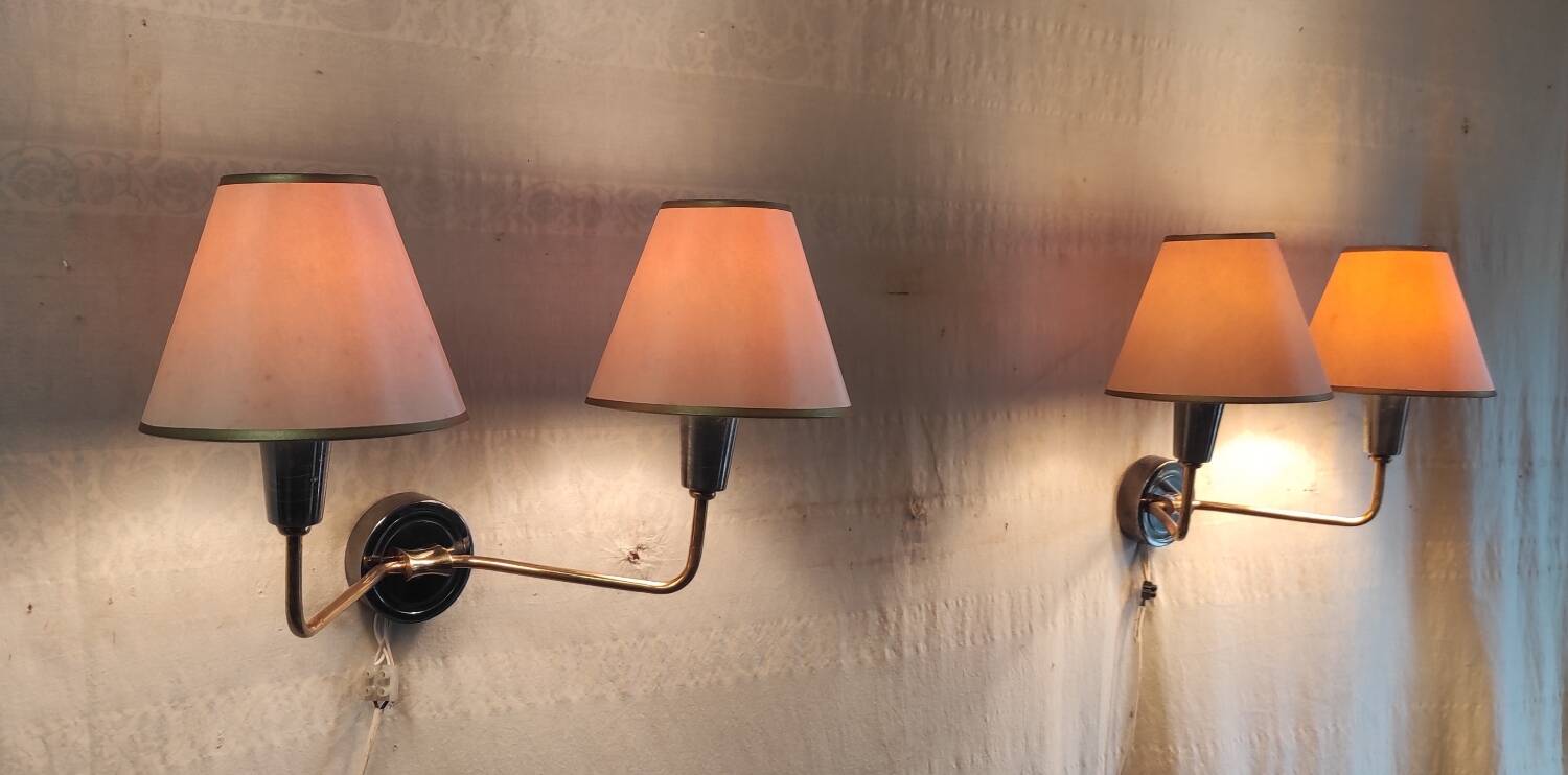 Double light wall sconces in gilded brass and gun barrel - 1950s/60s