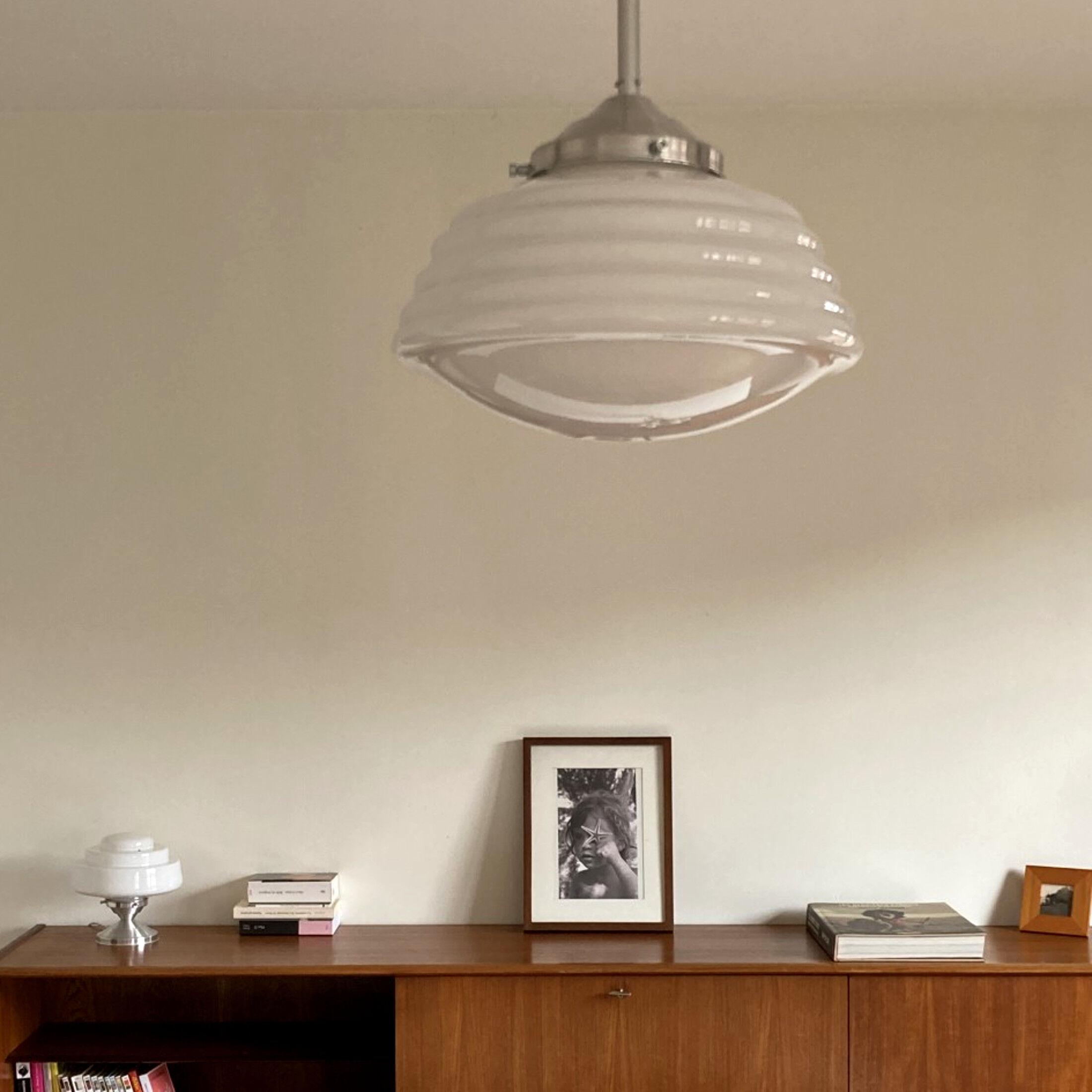 White opaline ceiling hanging aluminum rod 1950,1960