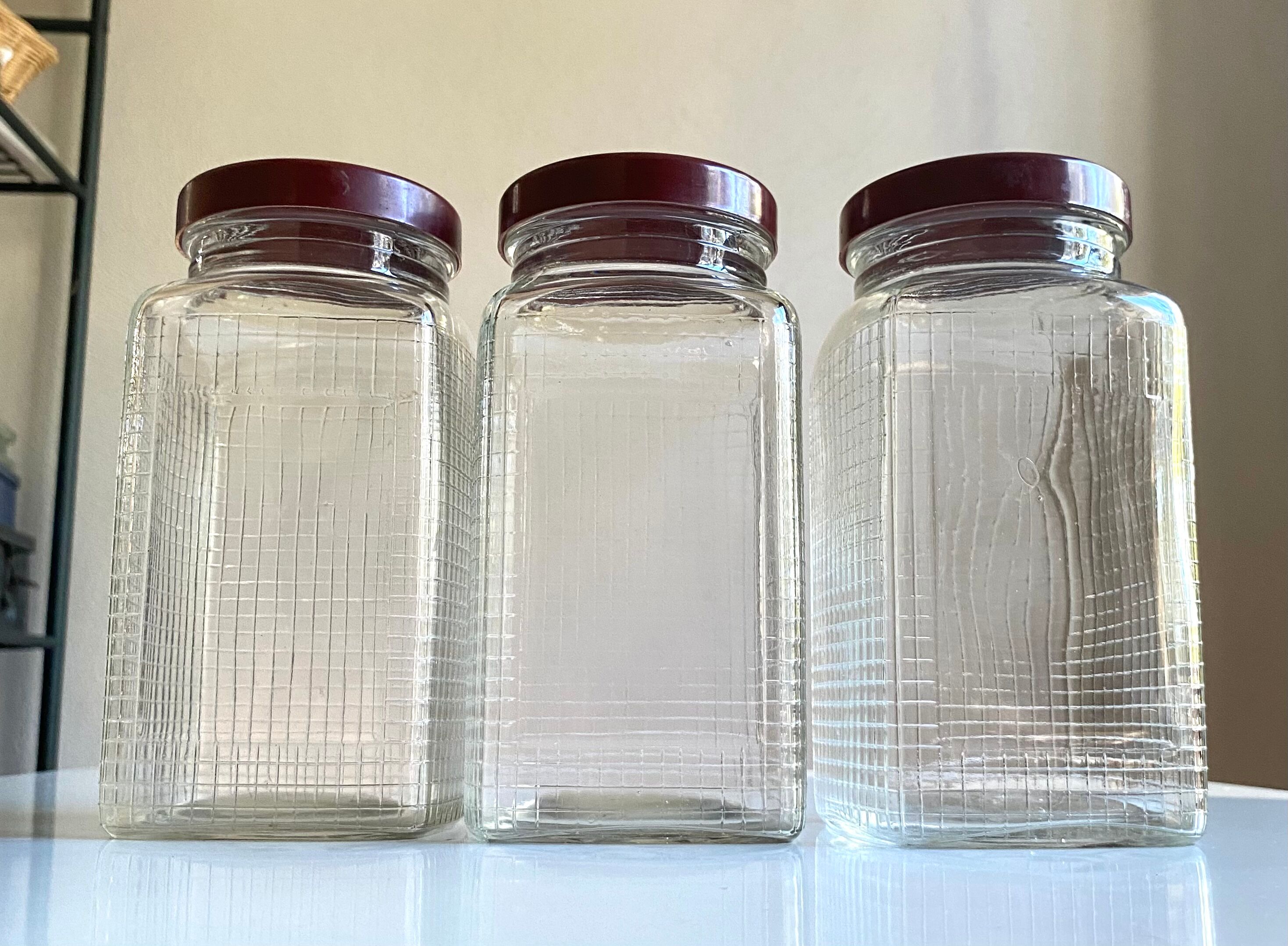 Trio bocaux verre quadrillé bouchon vintage