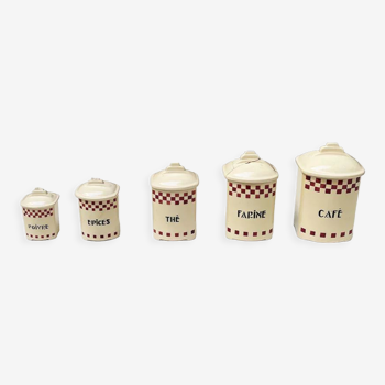 5 old white tile kitchen pots with red tiles