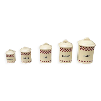 5 old white tile kitchen pots with red tiles