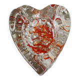 Empty pocket/Ashtray, l in blown art glass/Heart shape with inclusions of orange filaments. In Murano style
