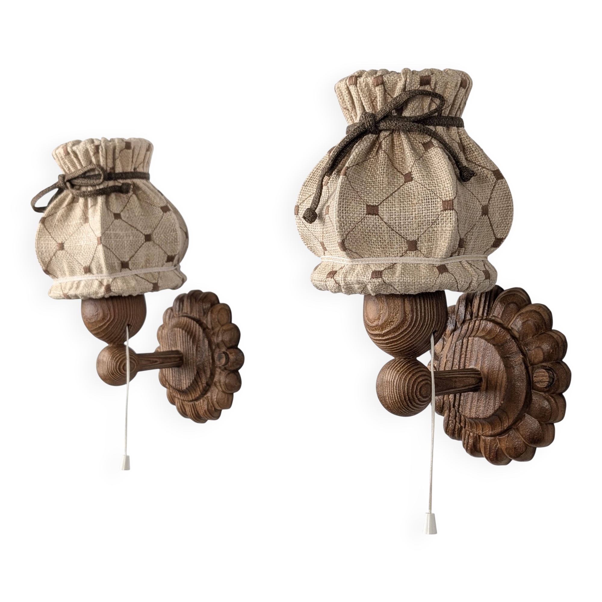 Pair of carved pine wall lights with jute shades, Swedish design, 1970s