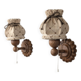Pair of carved pine wall lights with jute shades, Swedish design, 1970s
