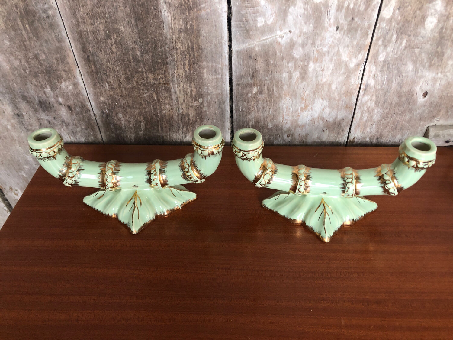Old pair of double ceramic candlesticks green & gold vintage #A270