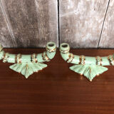 Old pair of double ceramic candlesticks green & gold vintage #A270