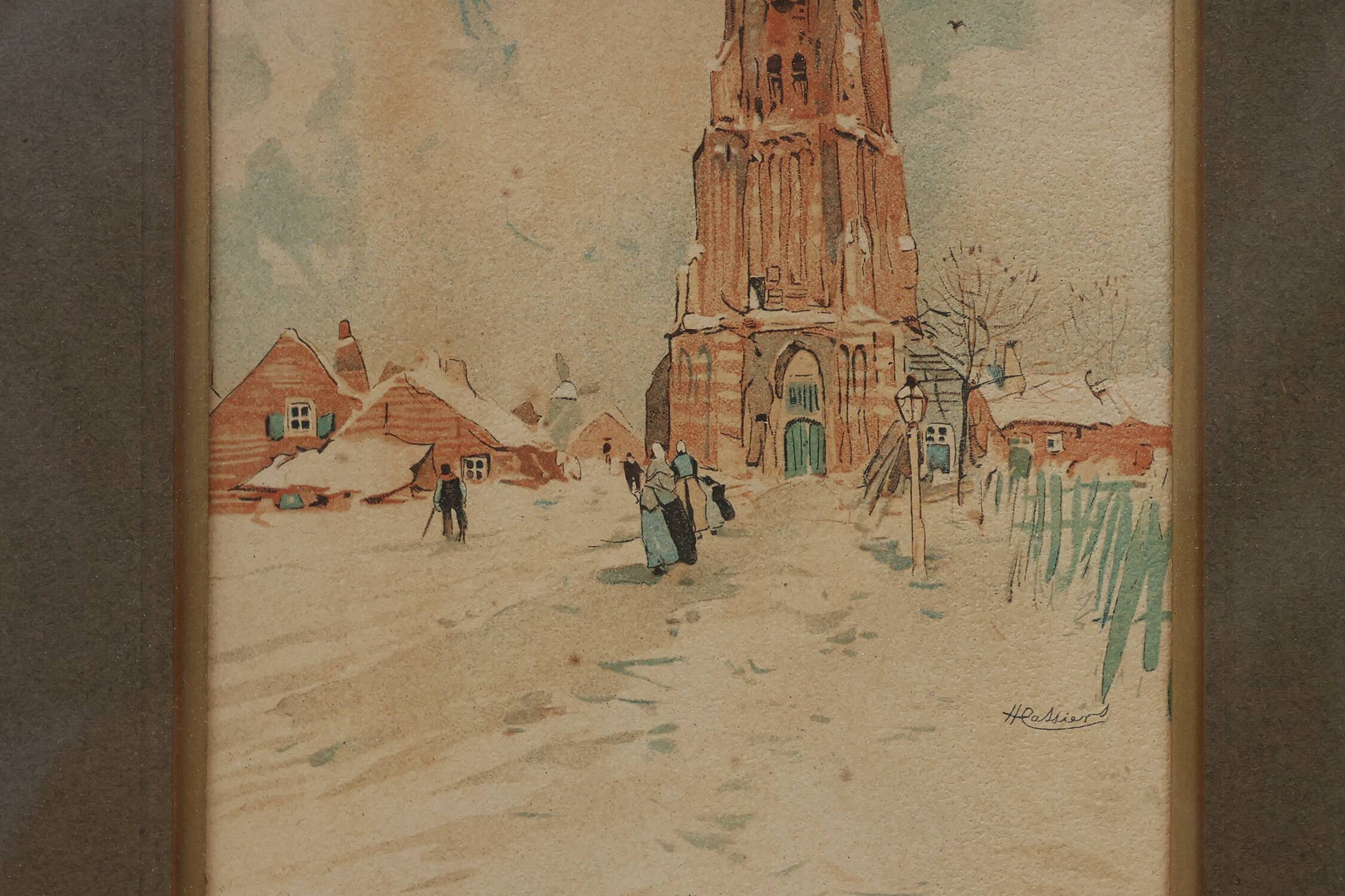 Art Nouveau Wall-Mounted Coat Rack with Framed Watercolors by Cassier, Belg