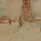 Art Nouveau Wall-Mounted Coat Rack with Framed Watercolors by Cassier, Belg