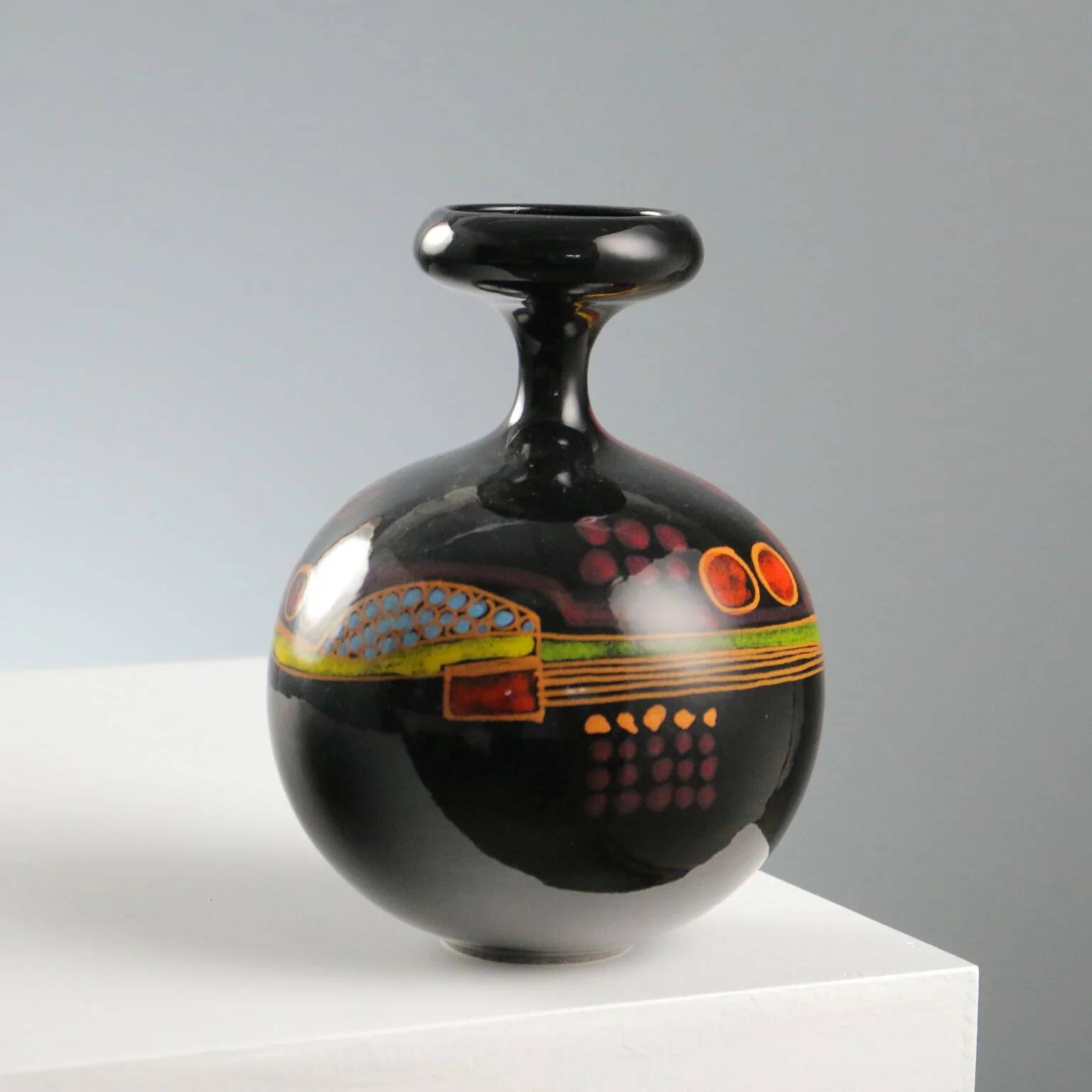 Vintage Verzolini ceramic vase with colourful decoration, Italy, 1970s.