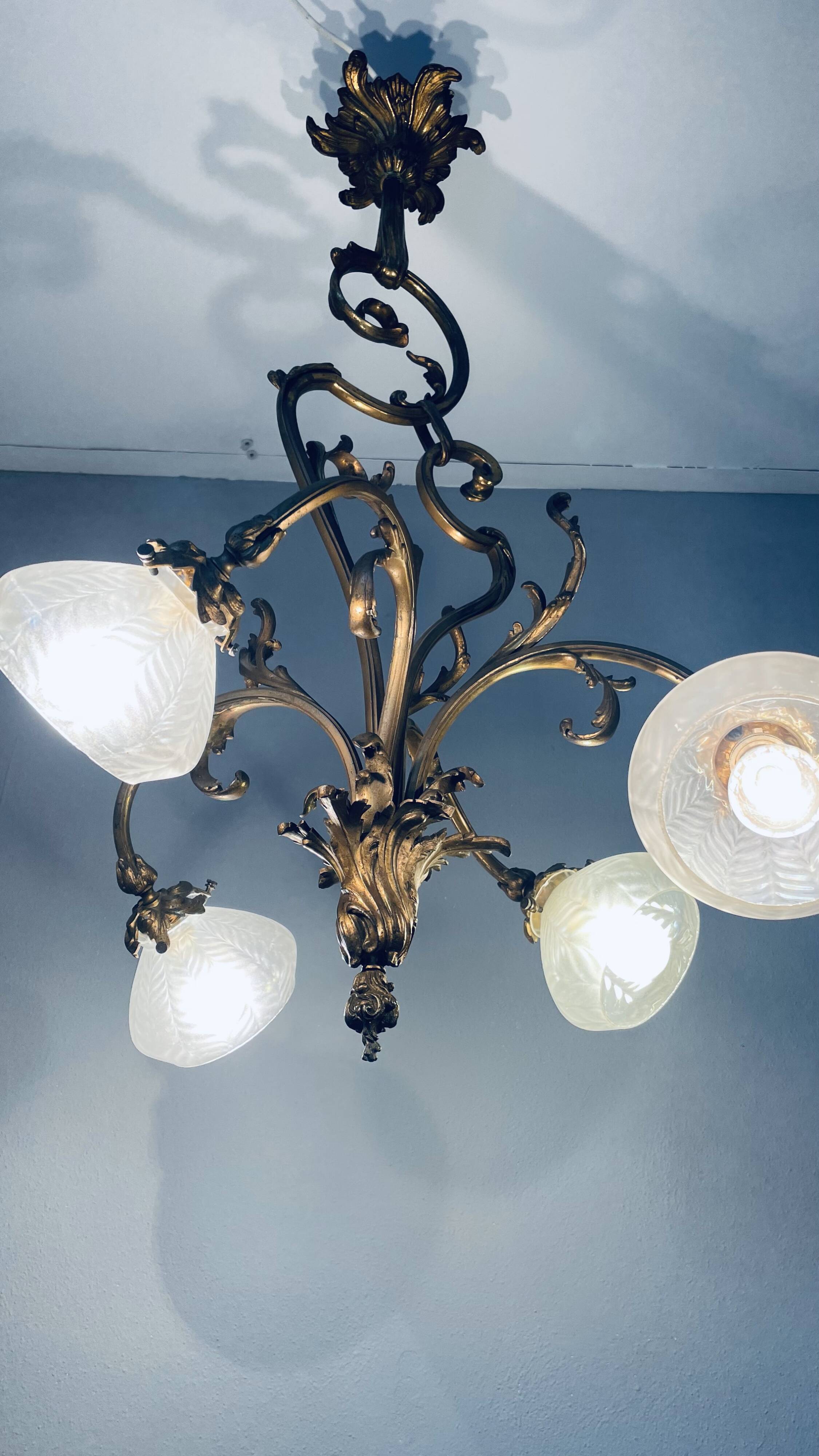 Jugendstil Golden Chandelier with Frosted Glass Shades