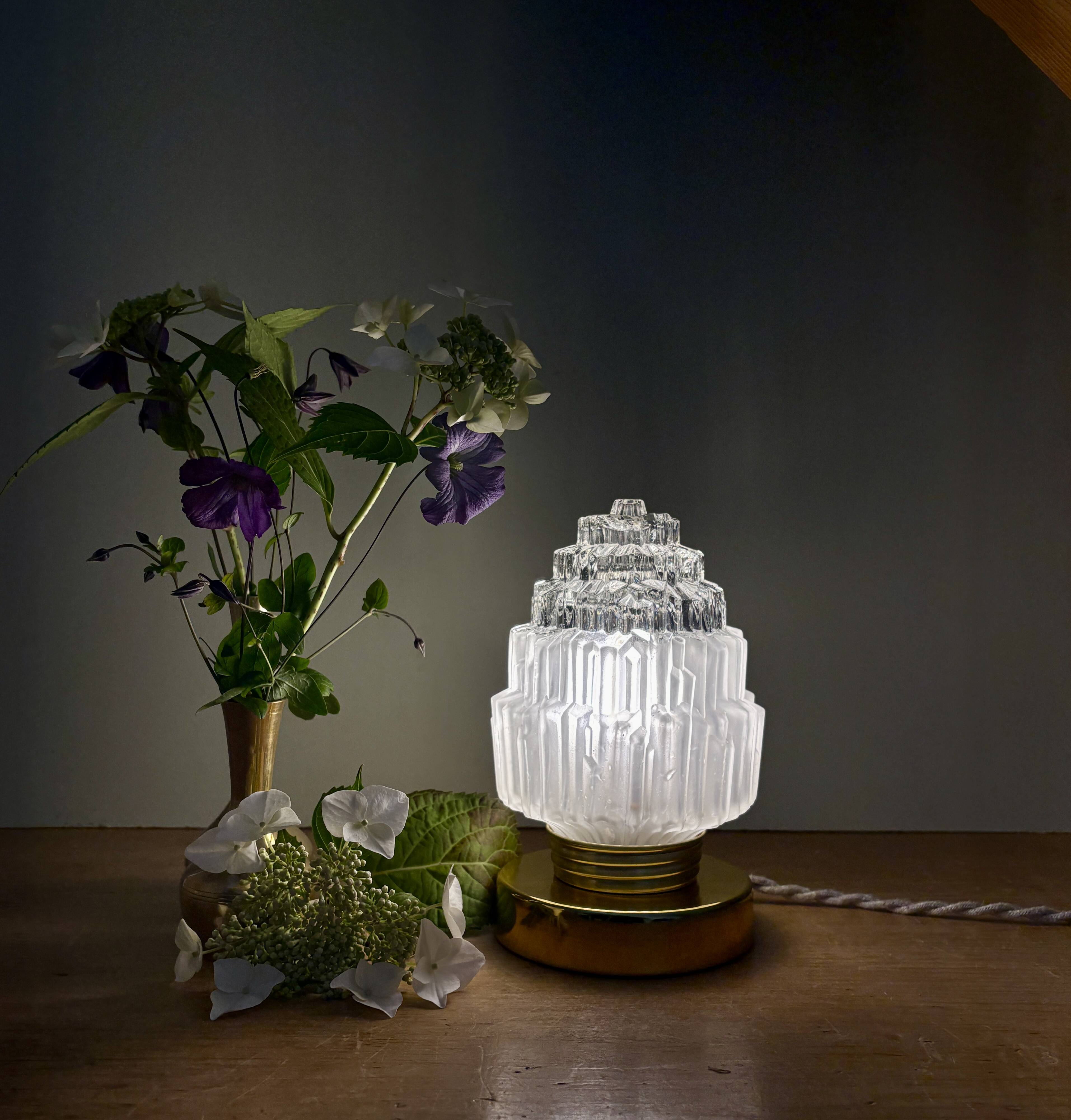 Vintage globe table lamp in half frosted, half transparent glass