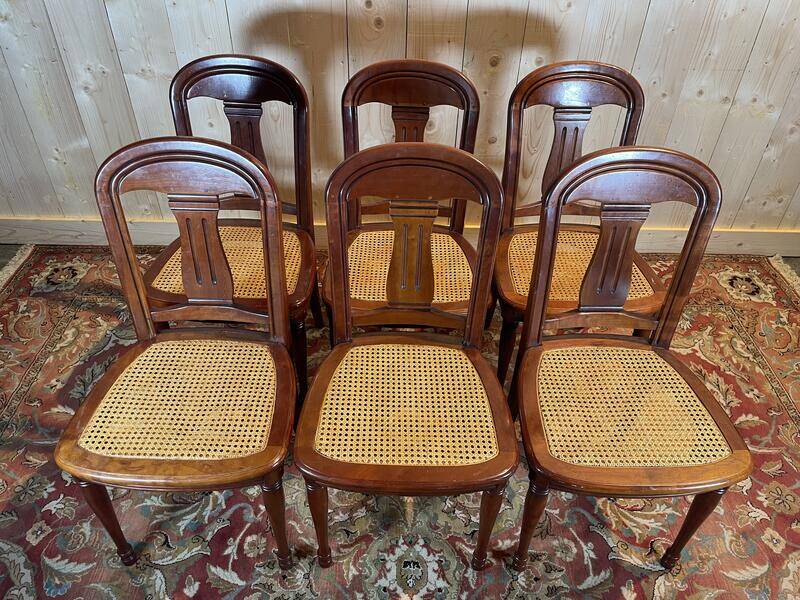 Set of 6 Louis Philippe chairs in cherry wood and cane