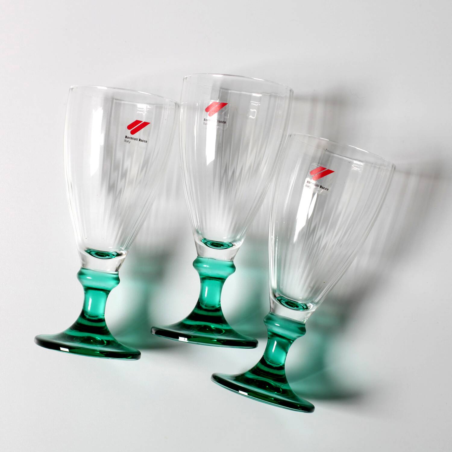 Set of 3 Vintage Bormioli Rocco Wine Glasses: Green Stem Harmonia Flutes