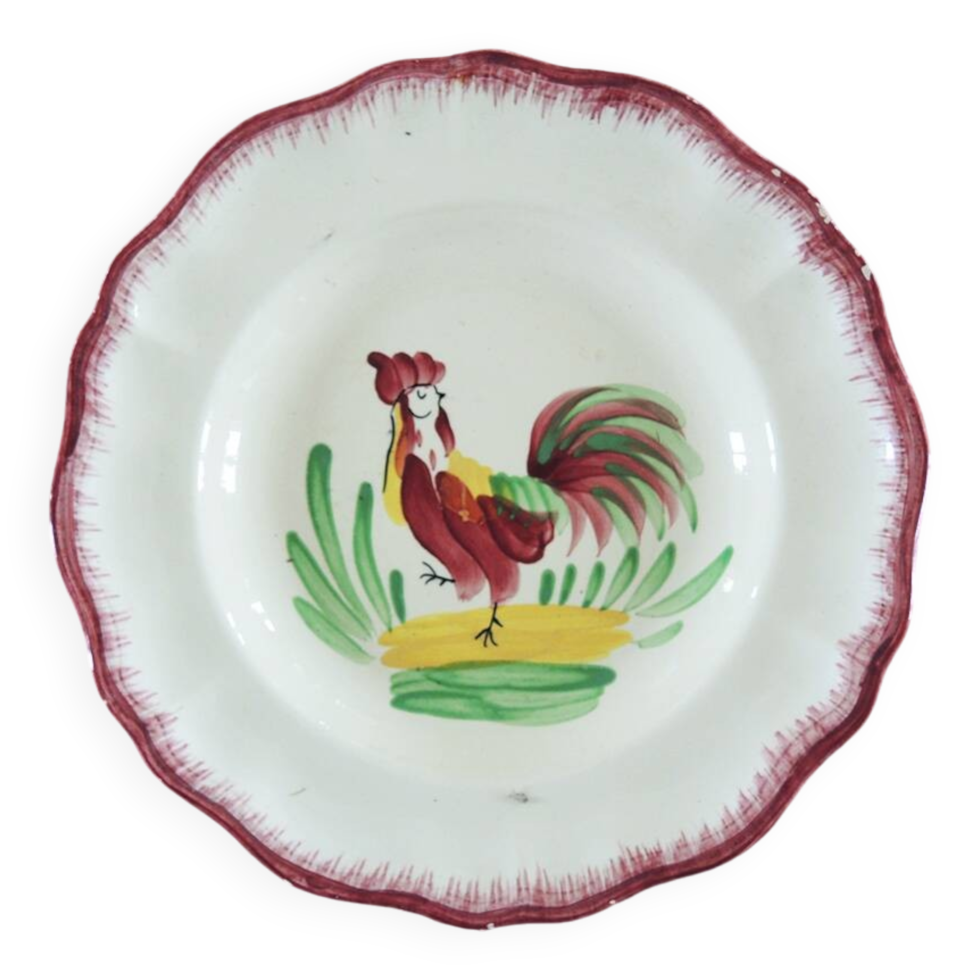 Ancienne Assiette Creuse Coq en Faïence Peinte Main