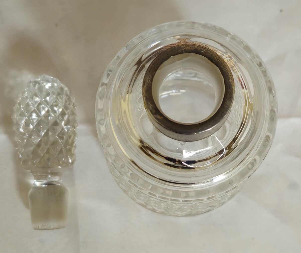 Cut crystal whisky carafe with stopper, Baccarat style.