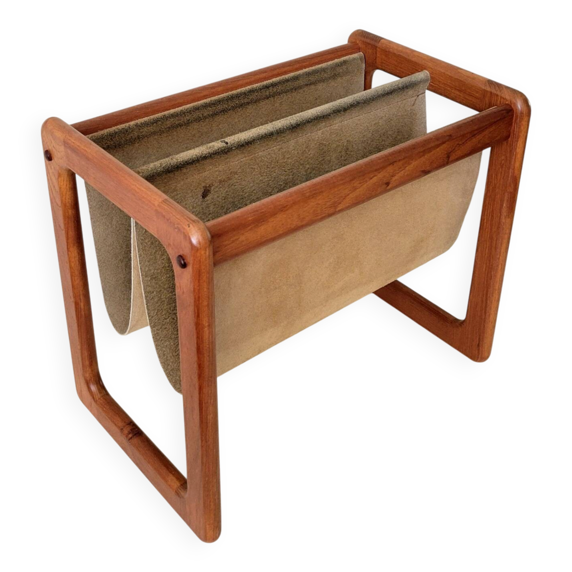 Vildbjerg magazine rack, Danish Mid Century Modern magazine rack in teak and suede