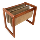 Vildbjerg magazine rack, Danish Mid Century Modern magazine rack in teak and suede
