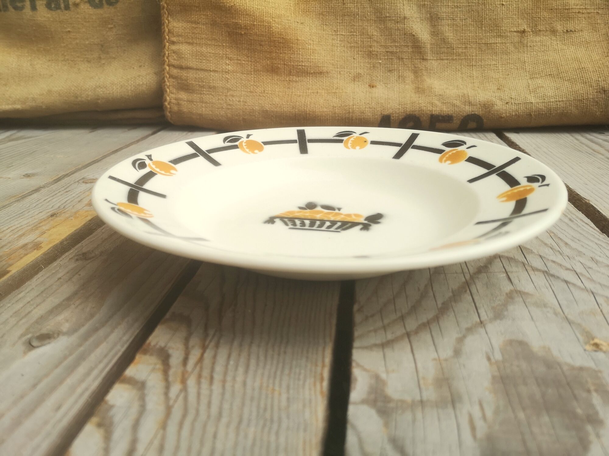 Set of 2 ceramic soup plates décor basket apricots signed Badonviller