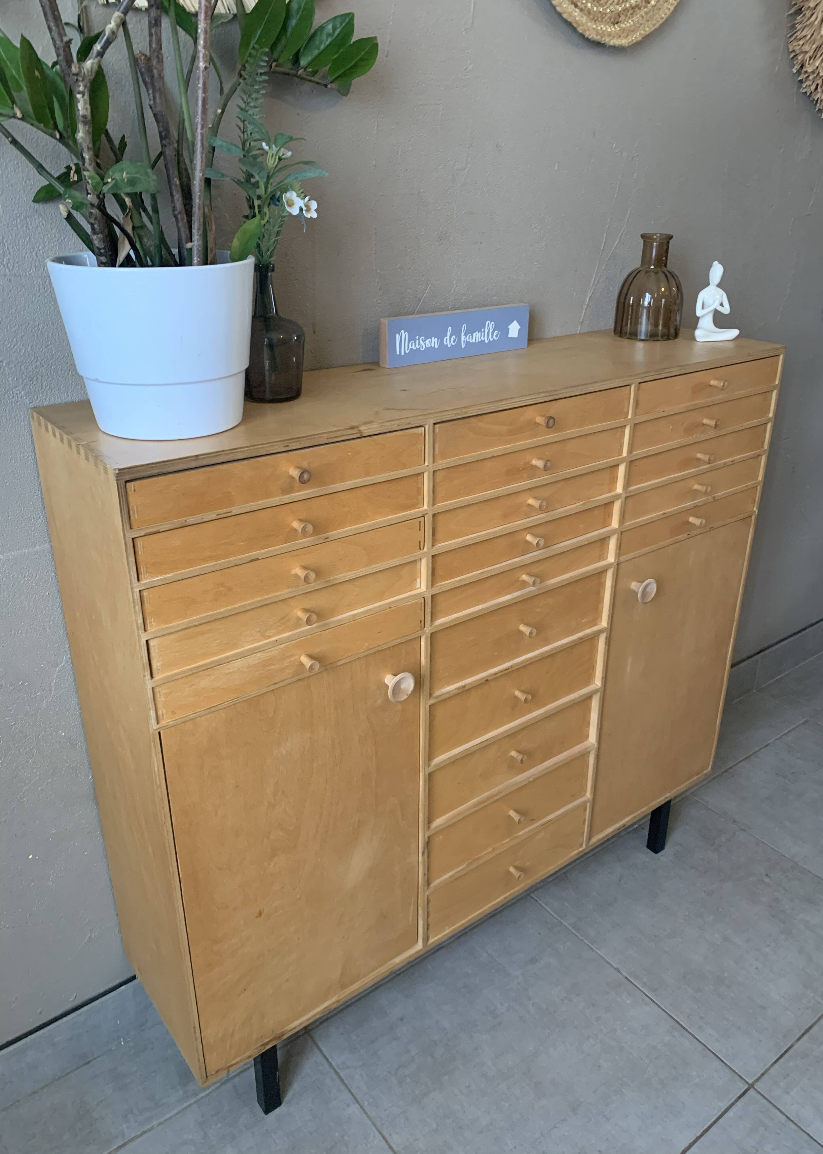 Vintage 20-drawer craft cabinet, 1960s in raw wood