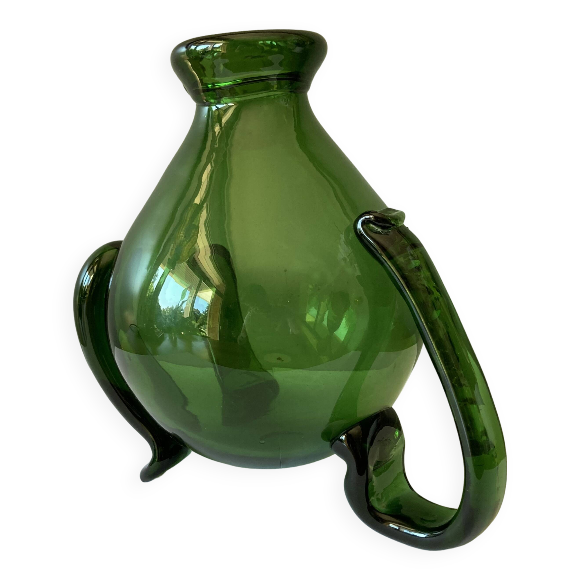 Amazing pitcher; vintage tripod jug or carafe in blown and hot-worked green glass