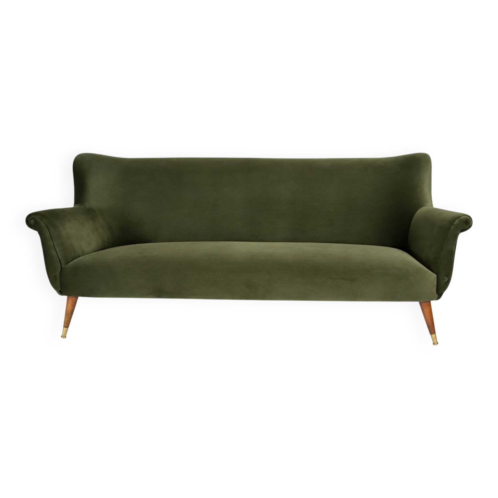 Vintage 1960s olive green velvet canapé – faithful replica, entirely