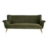 Canapé vintage années 60 en velours vert olive – réplique fidèle, entièreme