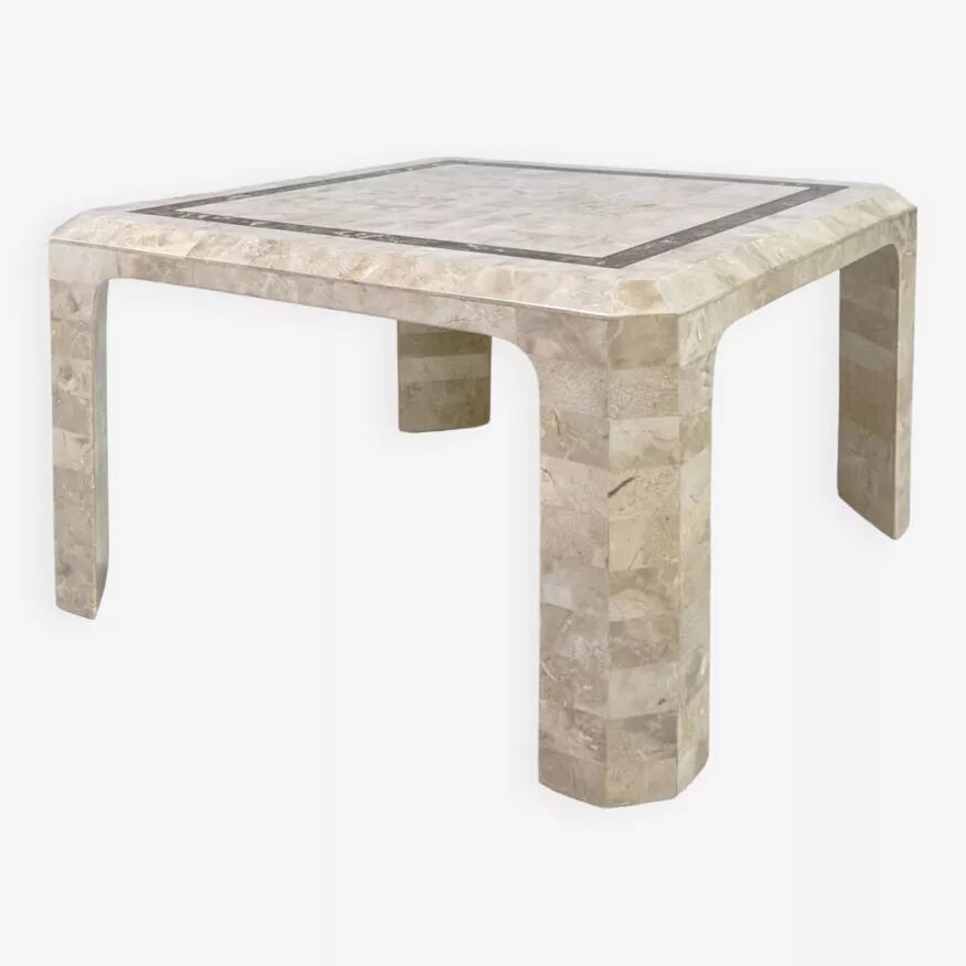 1970s-80s coffee table in stone marquetry and brass.