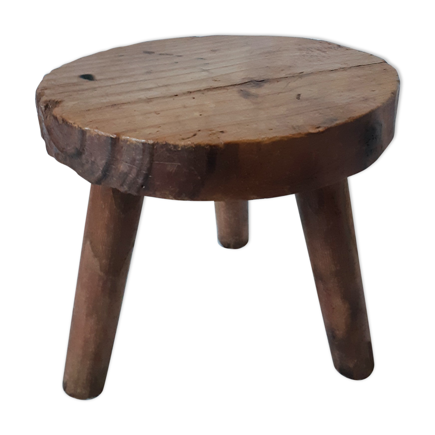 Tabouret de traite rond vintage , en bois massif ciré, tripode , années — free download