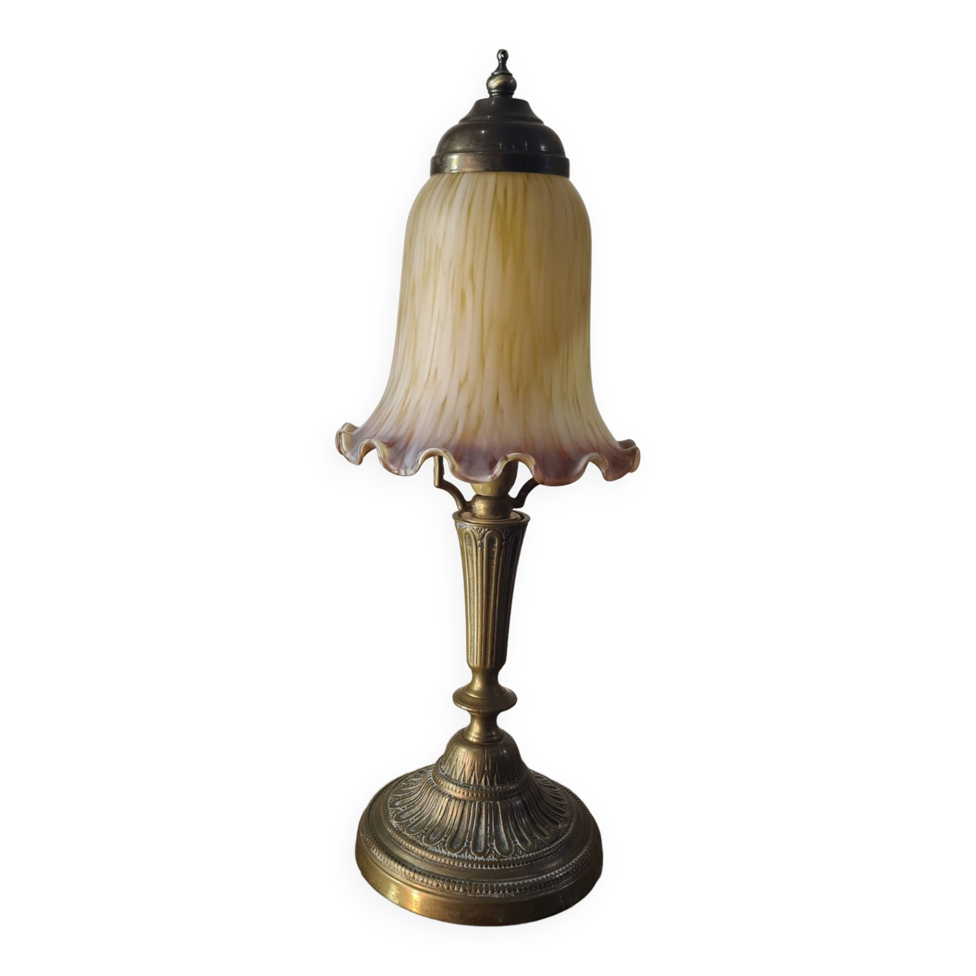 Art deco bronze lamp with pretty purple tulip, 41x15 electricity ok