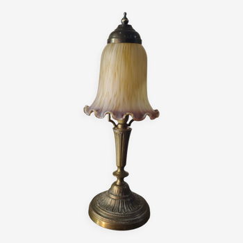 Art deco bronze lamp with pretty purple tulip, 41x15 electricity ok