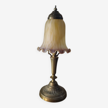 Lampe bronze art deco avec jolie tulipe violette, 41x15