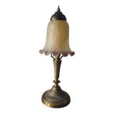 Art deco bronze lamp with pretty purple tulip, 41x15 electricity ok