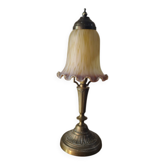 Art deco bronze lamp with pretty purple tulip, 41x15 electricity ok