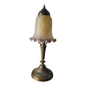 Lampe bronze art deco avec jolie tulipe violette, 41x15