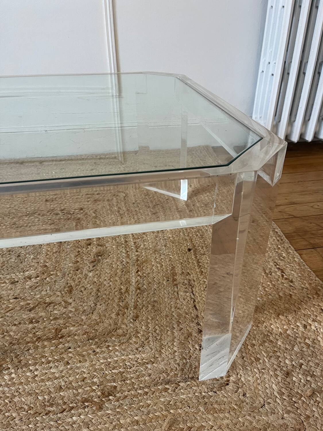 Table basse Athena en altuglas et verre David Lange, années 1970