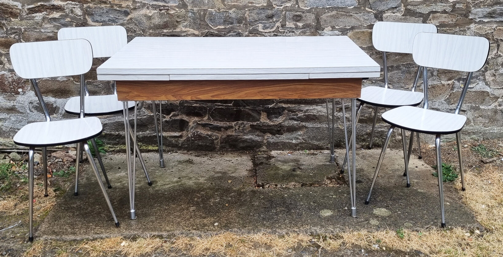 Set table chairs formica bicolor white and wood, feet eiffel, SIF, 70s, its 4 chairs