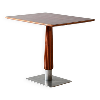 Mahogany bar table with steel base and carved stem