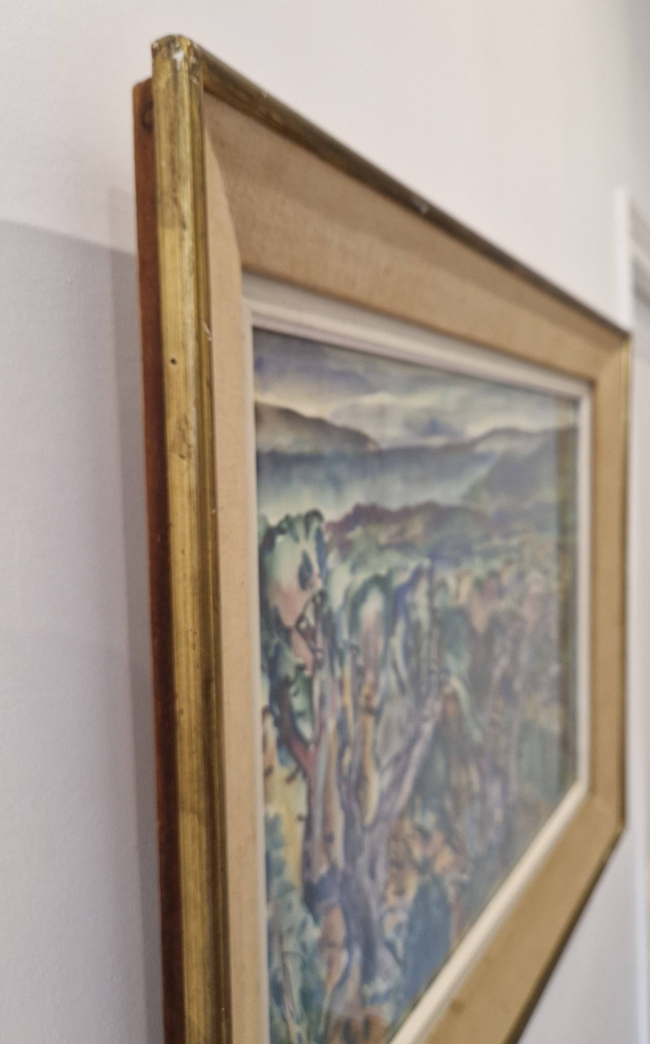 1950s gouache painting of the Mediterranean hinterland, framed, signed F Robinet