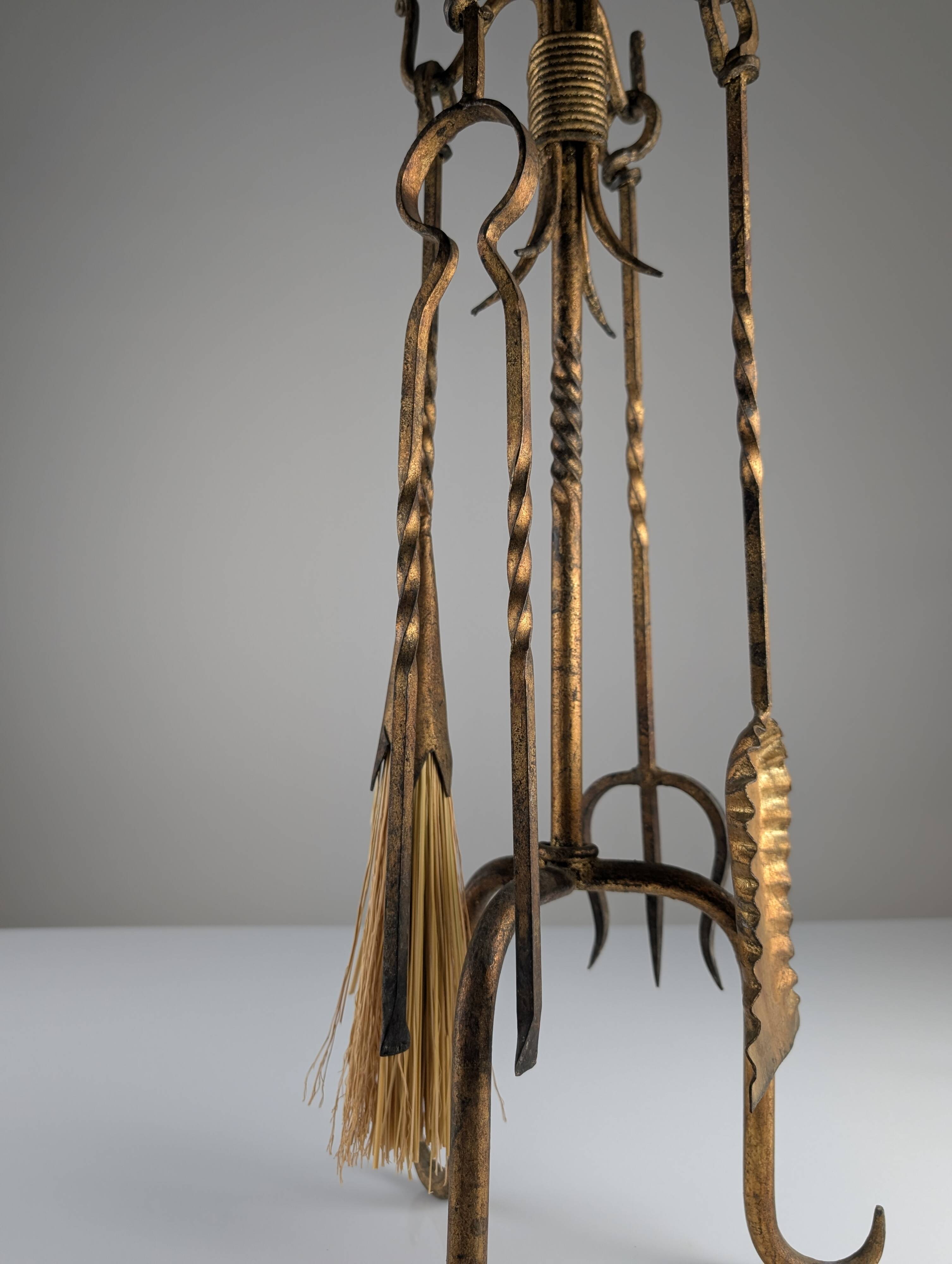 Sculptural Gilded Wrought Iron Fireplace Tool Set, 1960s