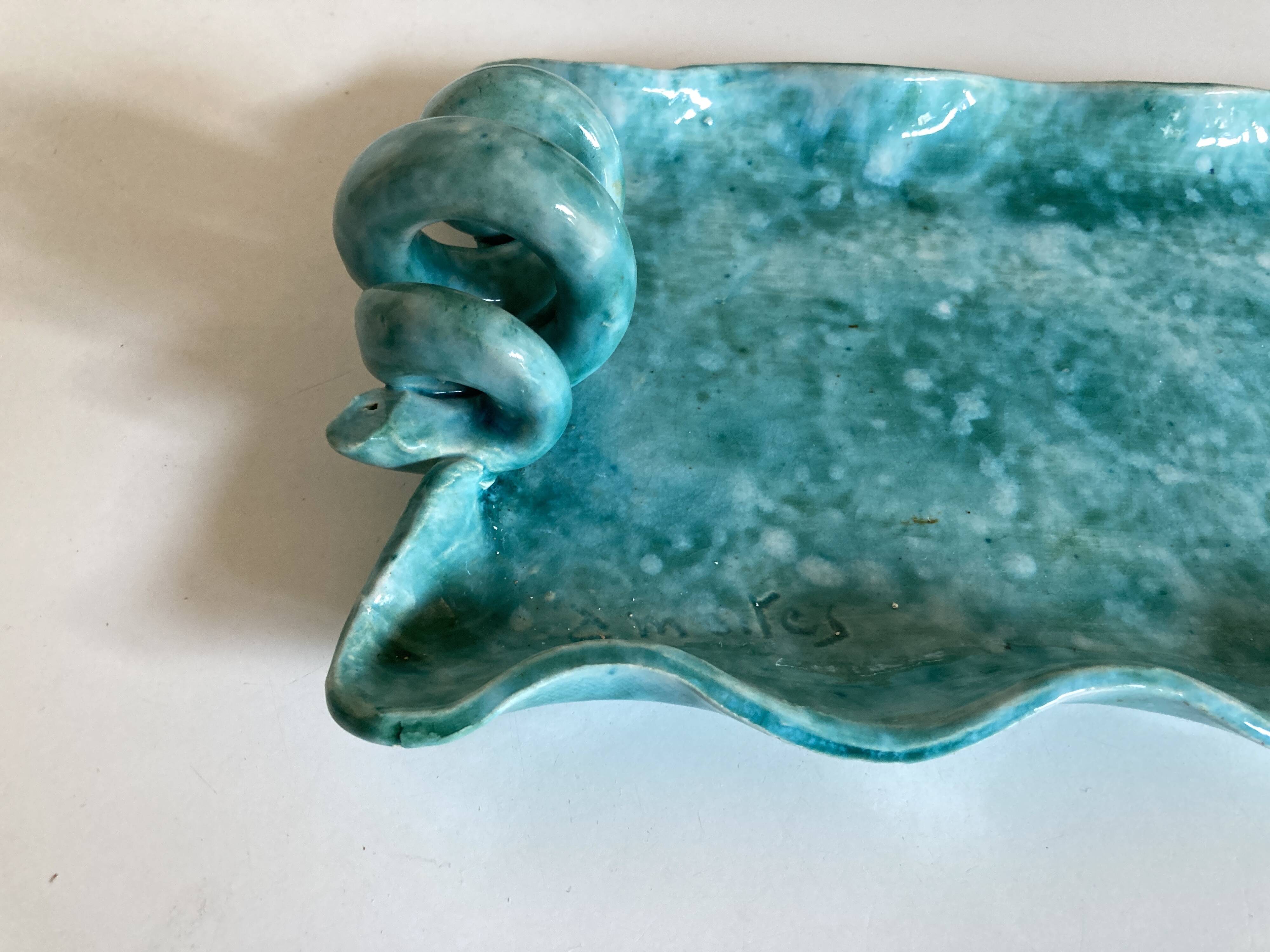 Wavy turquoise glazed earthenware plate 1960 Provence